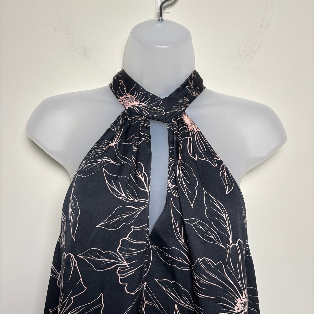 NWT Joie Cedra Black Satin Floral Sleeveless Halter High Neck Top Blouse Women L - Picture 2 of 10